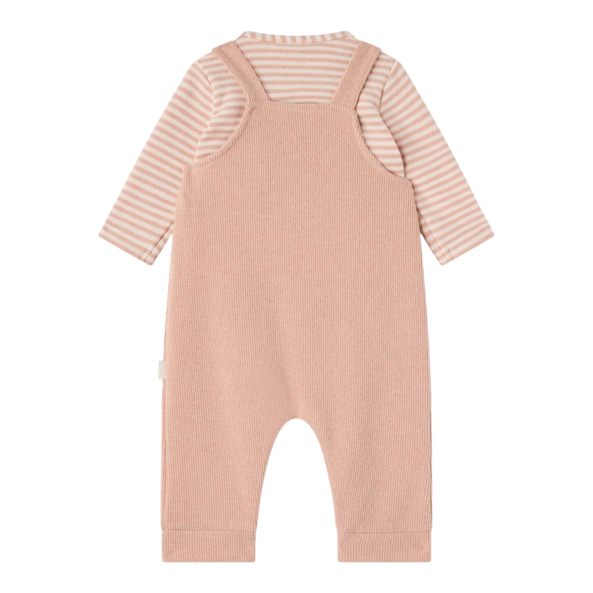 Completo 2 pezzi rosa con t-shirt rigata e salopette Nanan