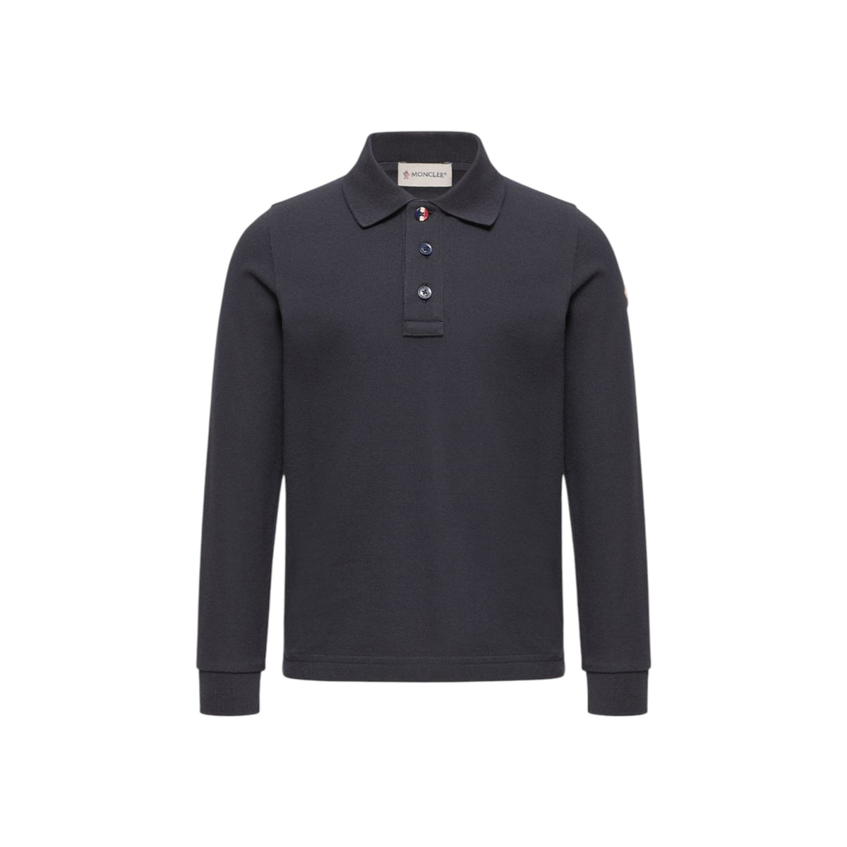 Polo blu con patch logo Moncler sulla manica