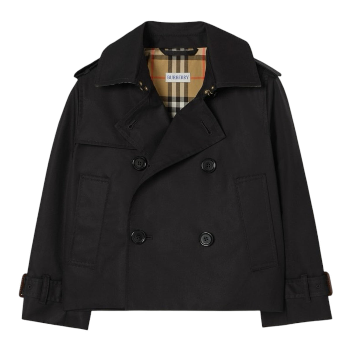 Trench nero cropped con dettagli logo Burberry