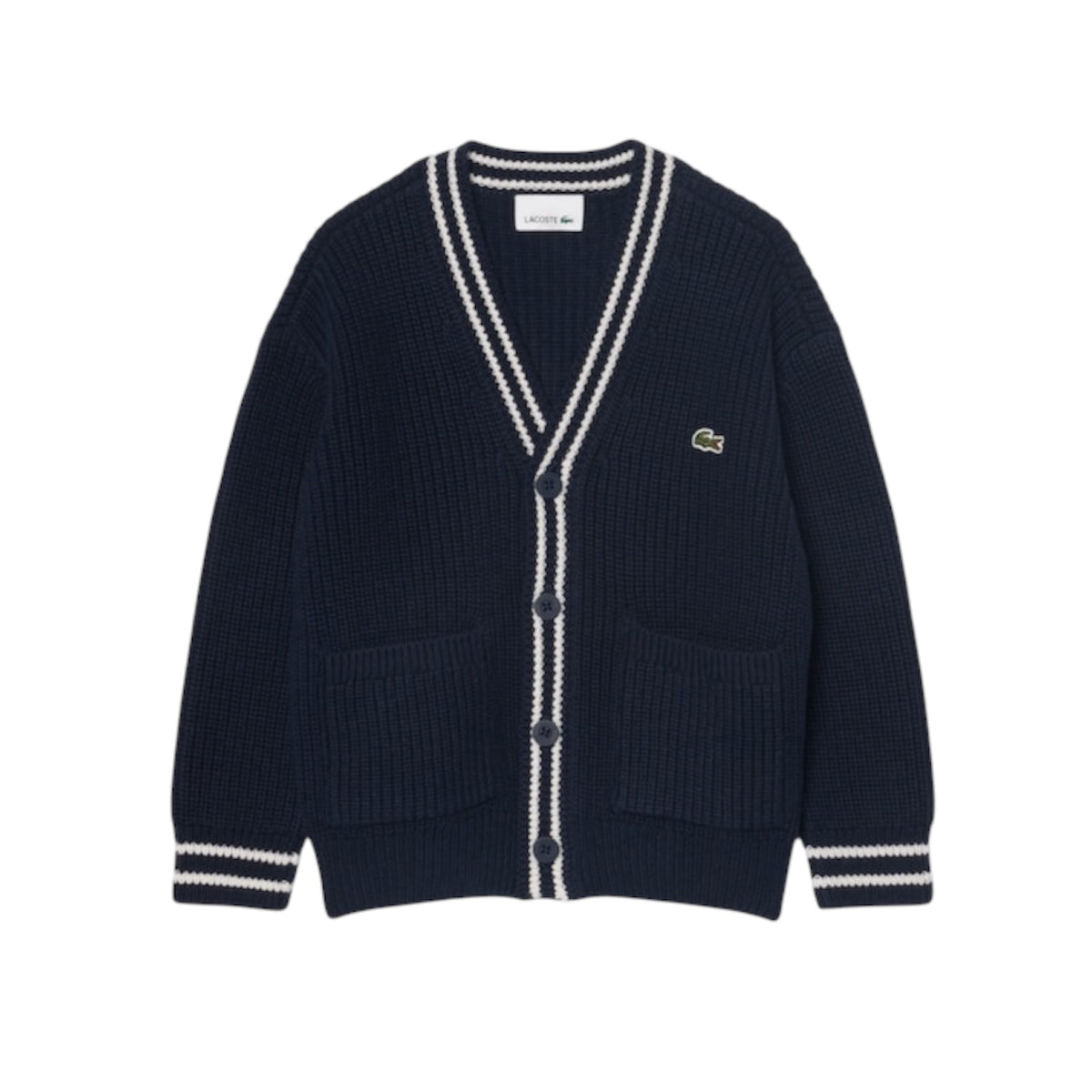Cardigan blu ad intarsio con patch logo Lacoste