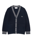 Cardigan blu ad intarsio con patch logo Lacoste