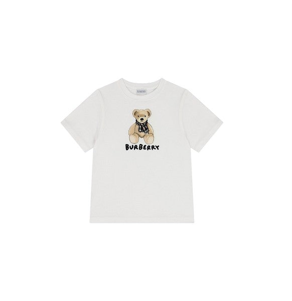 T-shirt bianca con stampa orso e logo Burberry