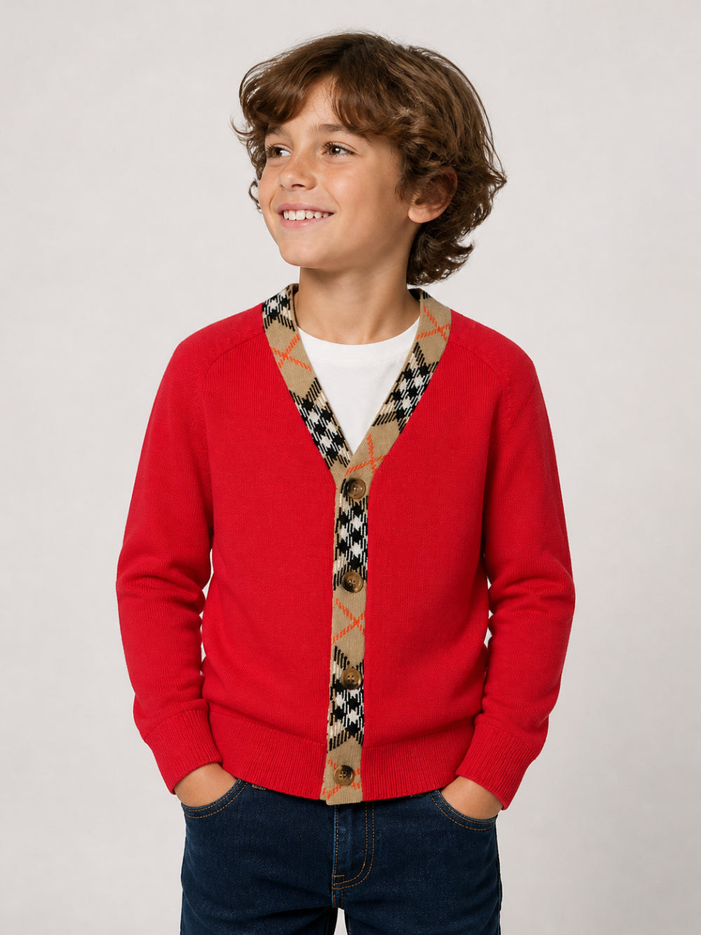 Cardigan rosso con dettagli check Burberry