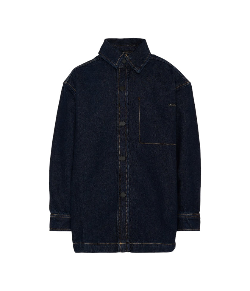 Giacca camicia in jeans blu con logo Boss applicato frontale