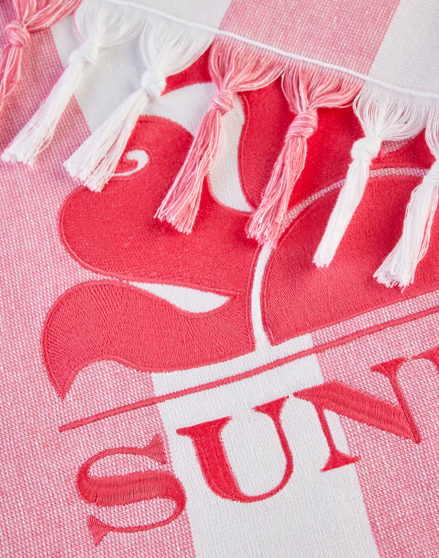 Telo mare a righe bianco e rosa con logo cucito Sundek