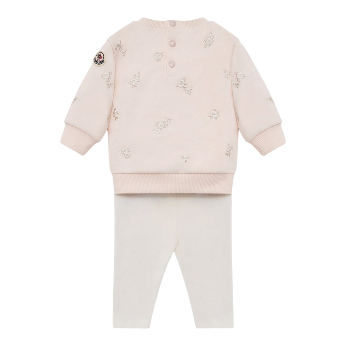 Completo felpa rosa e leggings bianco con ricami e patch logo Moncler