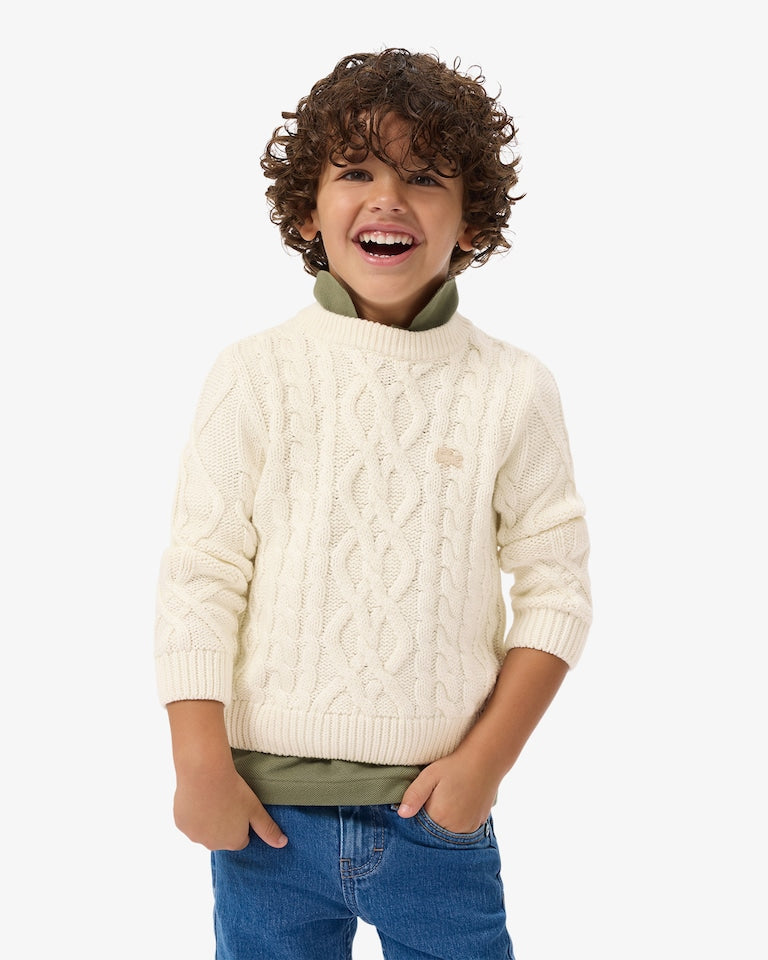 Maglione bianco ad intarsio con trecce e logo Lacoste