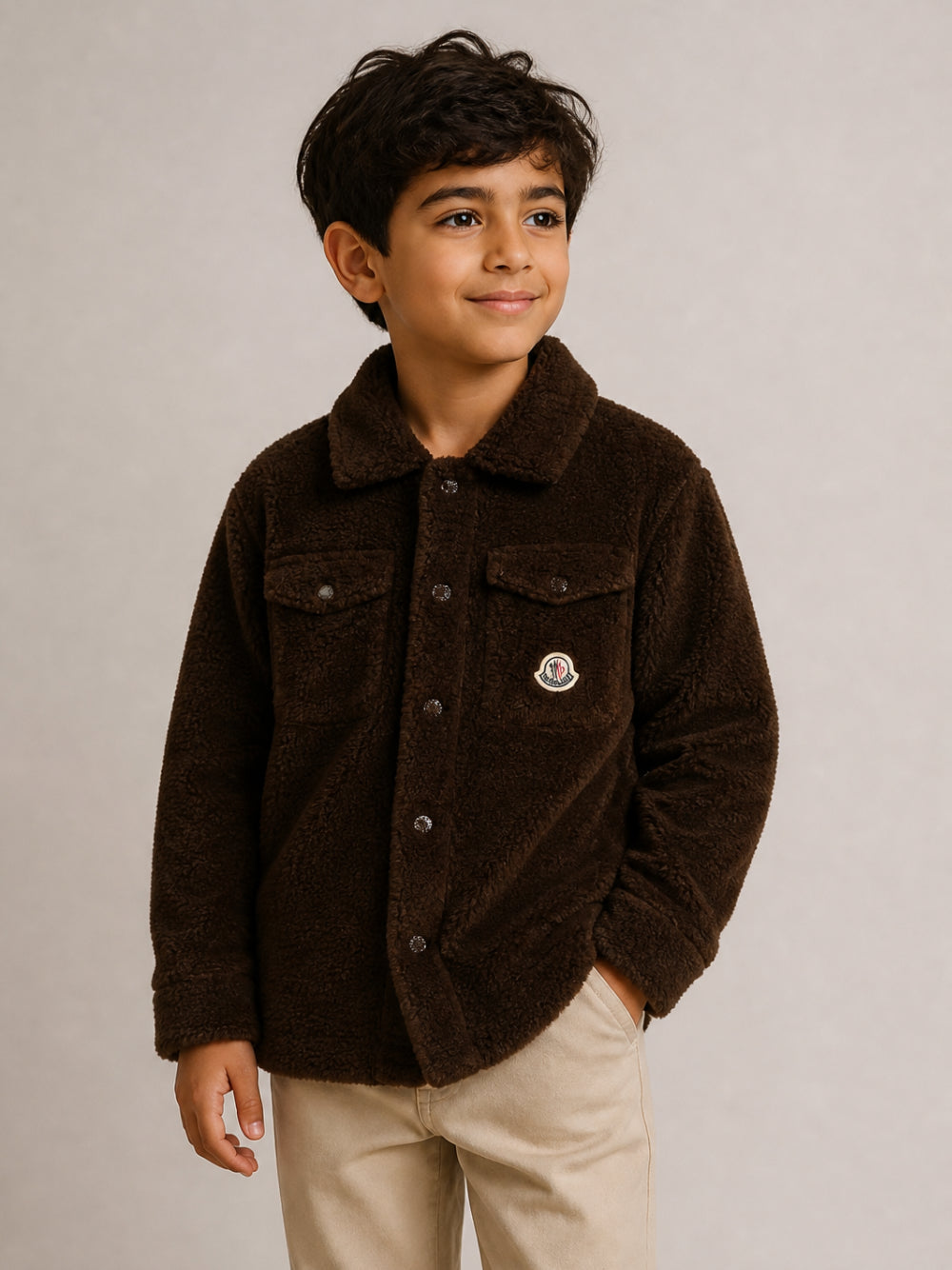 Camicia teddy marrone con patch logo Moncler