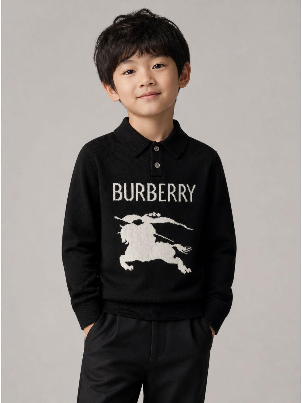 Polo in filo di cotone nero con logo Burberry frontale