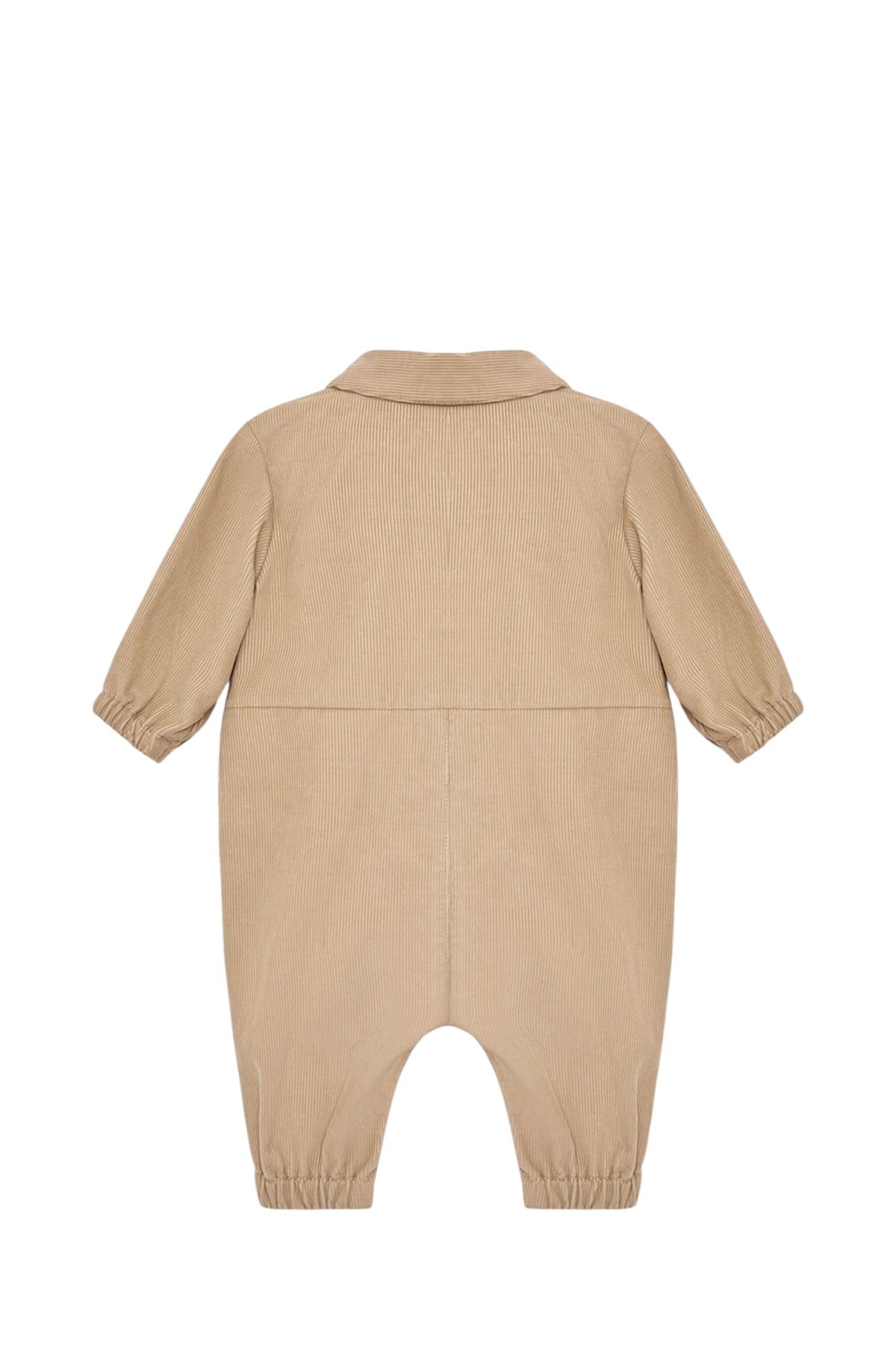 Tutina in velluto beige con dettaglio logo Moncler cucito frontale