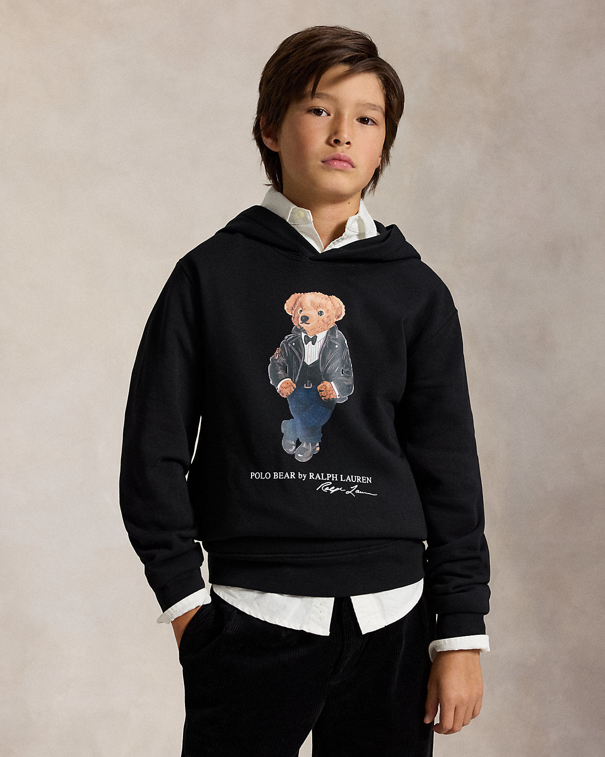 Felpa in cotone nera con stampa Ralph Lauren frontale