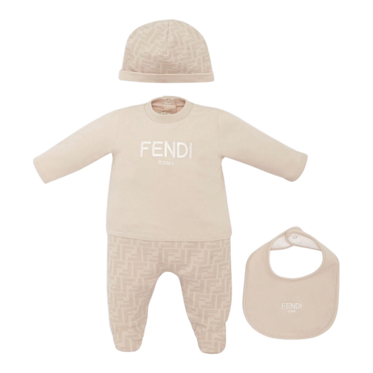 Set tutina, cappellino e bavaglino beige con logo Fendi