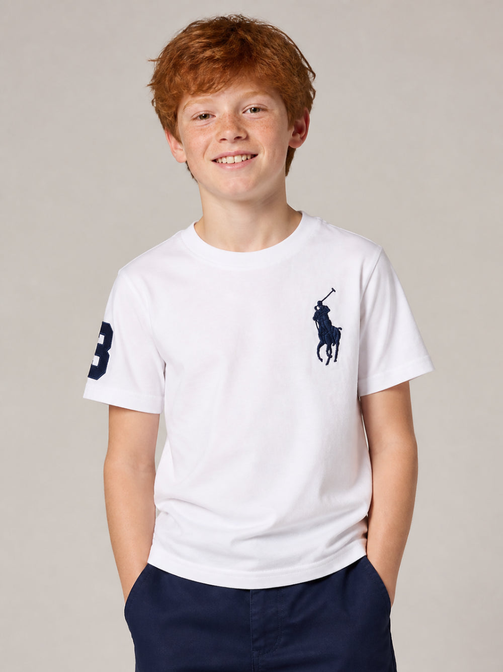 T-shirt bianca con logo Ralph Lauren cucito a contrasto blu