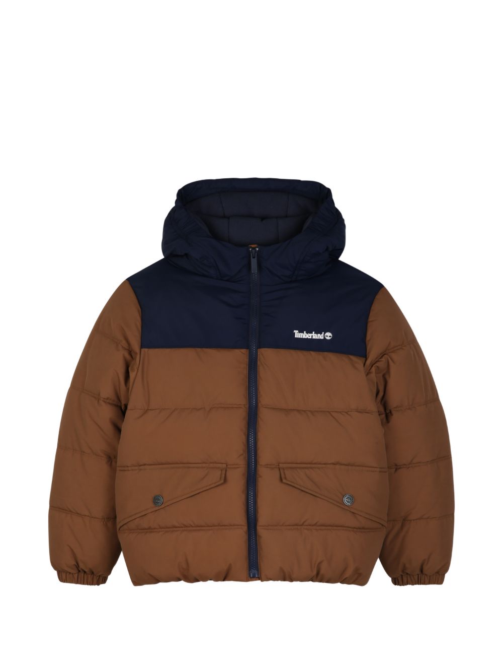 Giubbino marrone e blu con stampa logo Timberland frontale
