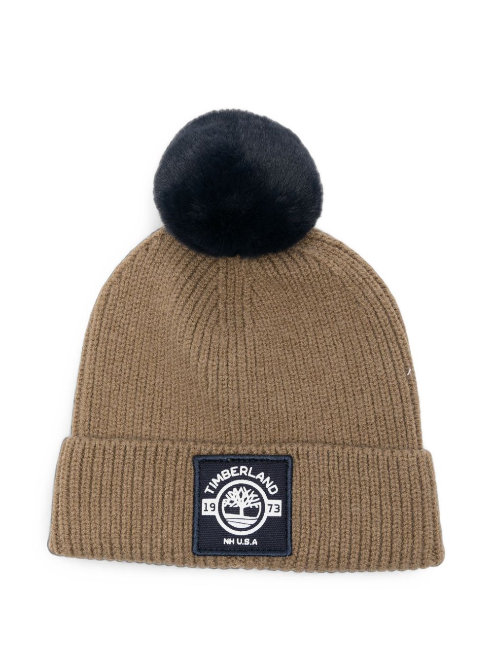 Cappello marrone con pompon blu e patch logo Timberland