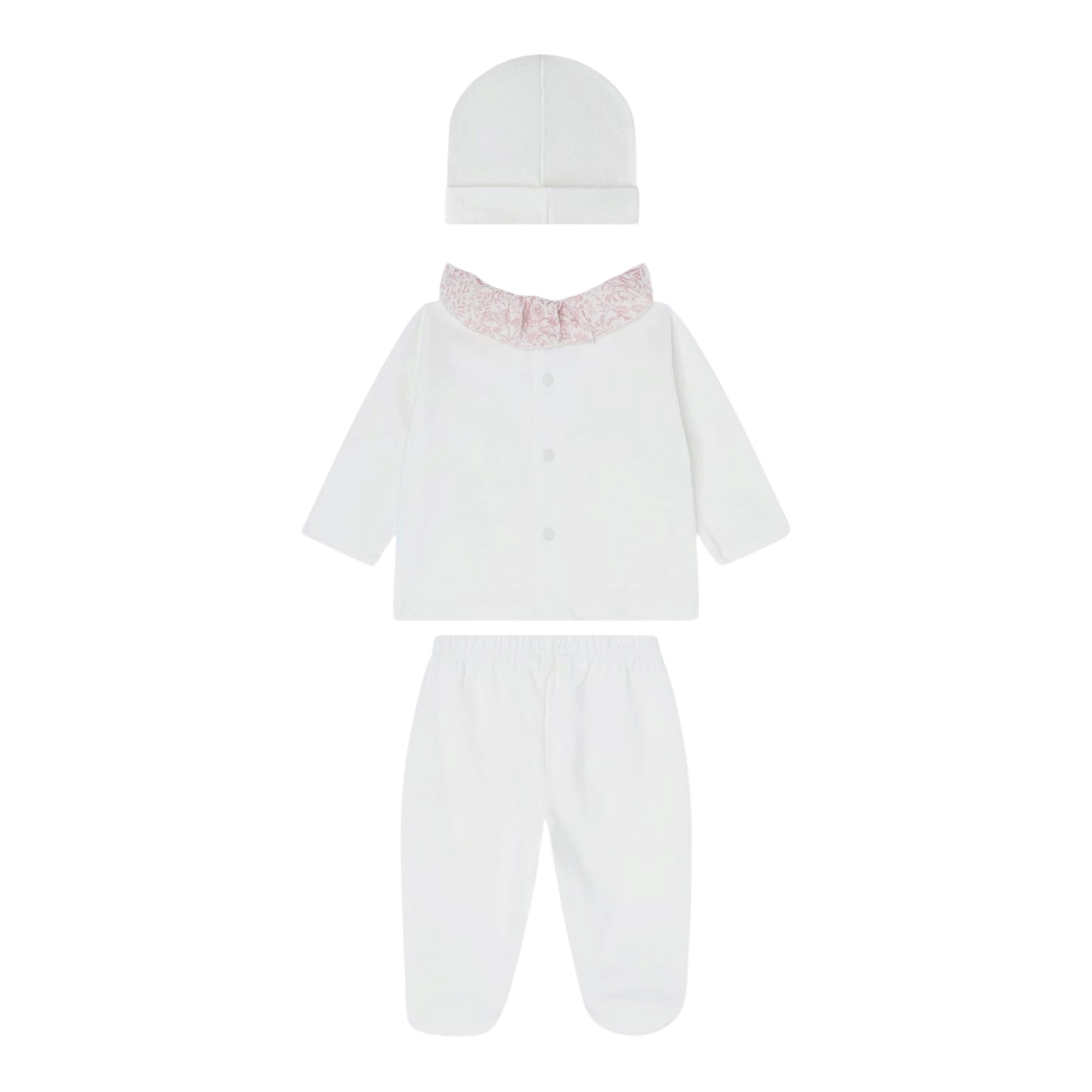 Tutina 2 pezzi e cappello bianco in jersey e tessuto Liberty rosa Nanan