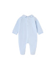 Tutina in ciniglia azzurro con patch orsetto con palloncini e logo Nanan frontale