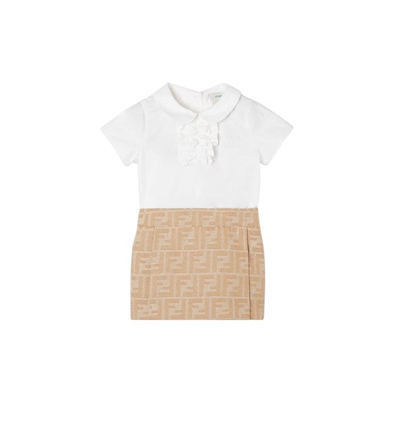 Abito beige in popeline e jacquard con logo Fendi