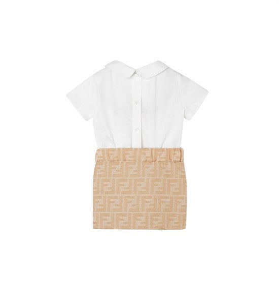 Abito beige in popeline e jacquard con logo Fendi