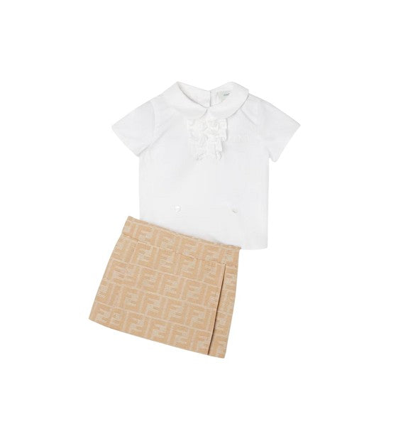 Abito beige in popeline e jacquard con logo Fendi