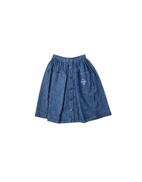 Gonna di jeans blu con logo cucito Fendi