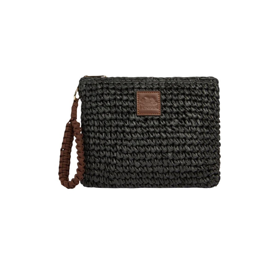 Pochette in paglia nera con dettagli logo Sundek marrone