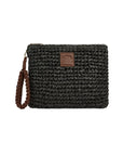 Pochette in paglia nera con dettagli logo Sundek marrone