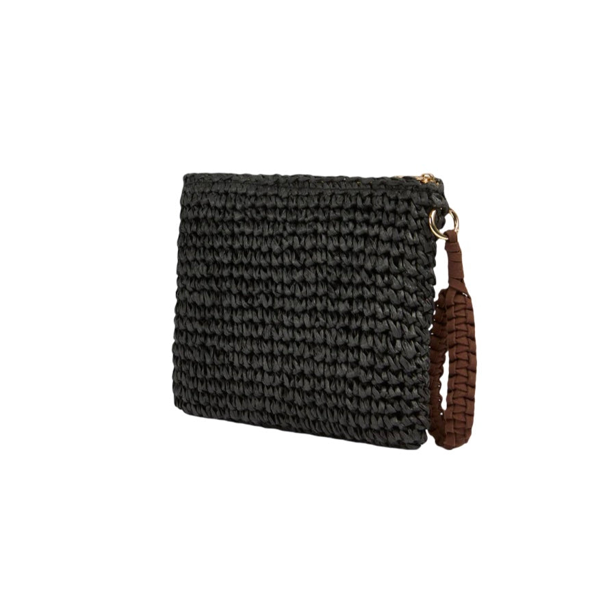 Pochette in paglia nera con dettagli logo Sundek marrone