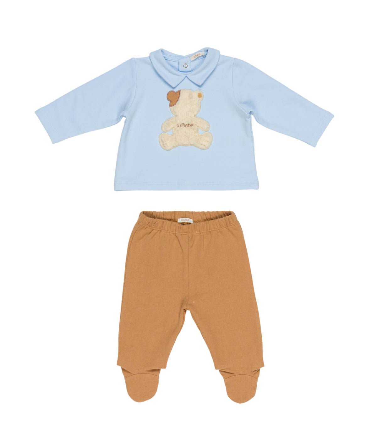 Completo 2 pezzi azzurro e marrone con dettagli logo e orso Le Bebé