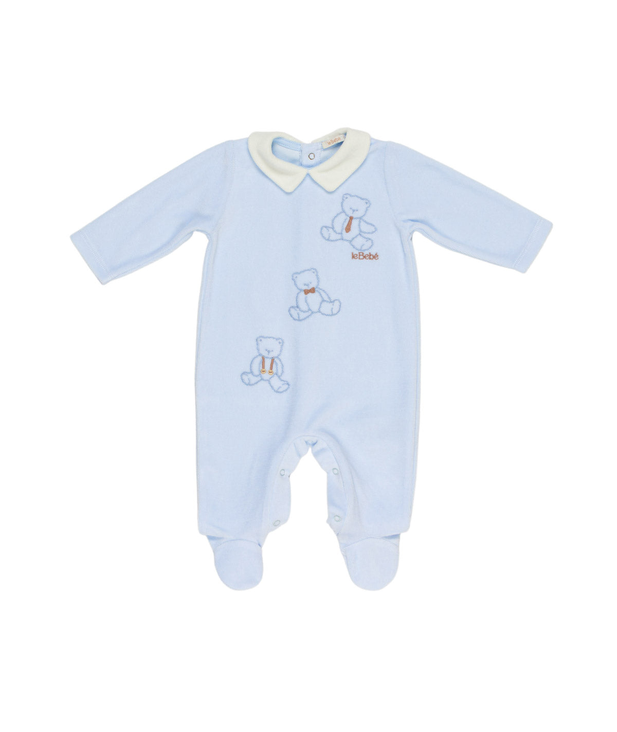 Tutina in ciniglia azzurra con orsetti e logo Le Bebé cuciti frontale