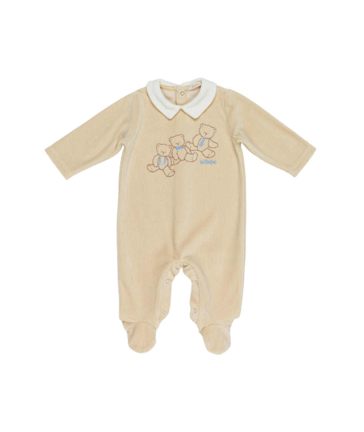 Tutina in ciniglia beige con orsetti e logo Le Bebé cuciti frontale