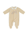 Tutina in ciniglia beige con orsetti e logo Le Bebé cuciti frontale