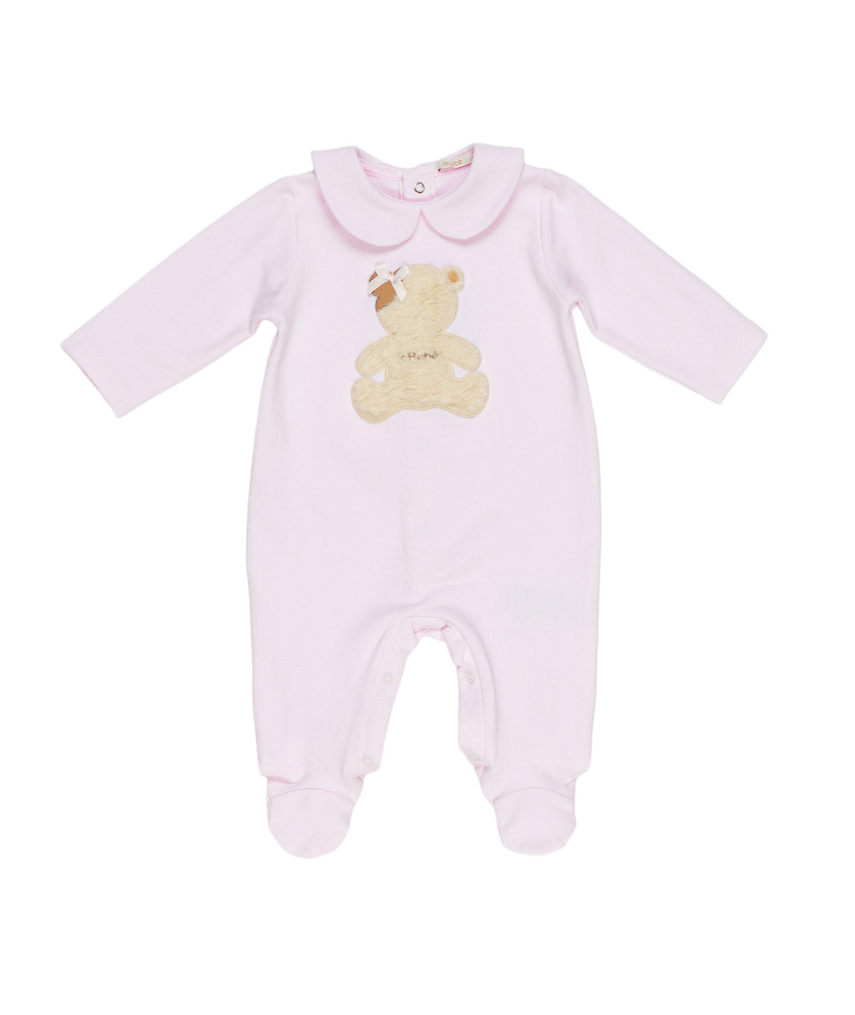 Tutina rosa con patch orsetto e logo Le Bebé cucito frontale