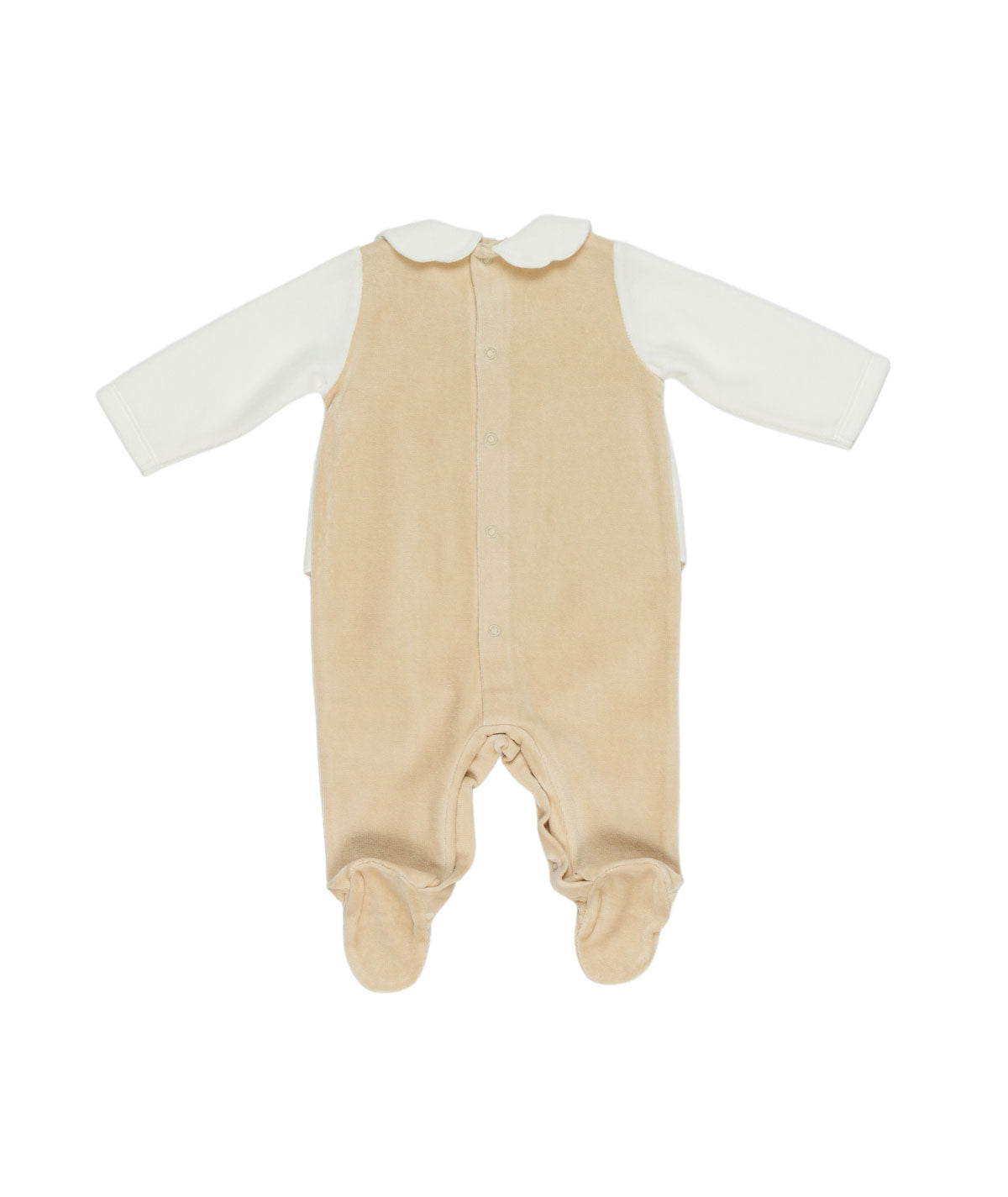 Tutina in ciniglia bianca e beige con patch orsetto e logo Le Bebé frontale