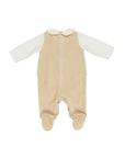 Tutina in ciniglia bianca e beige con patch orsetto e logo Le Bebé frontale