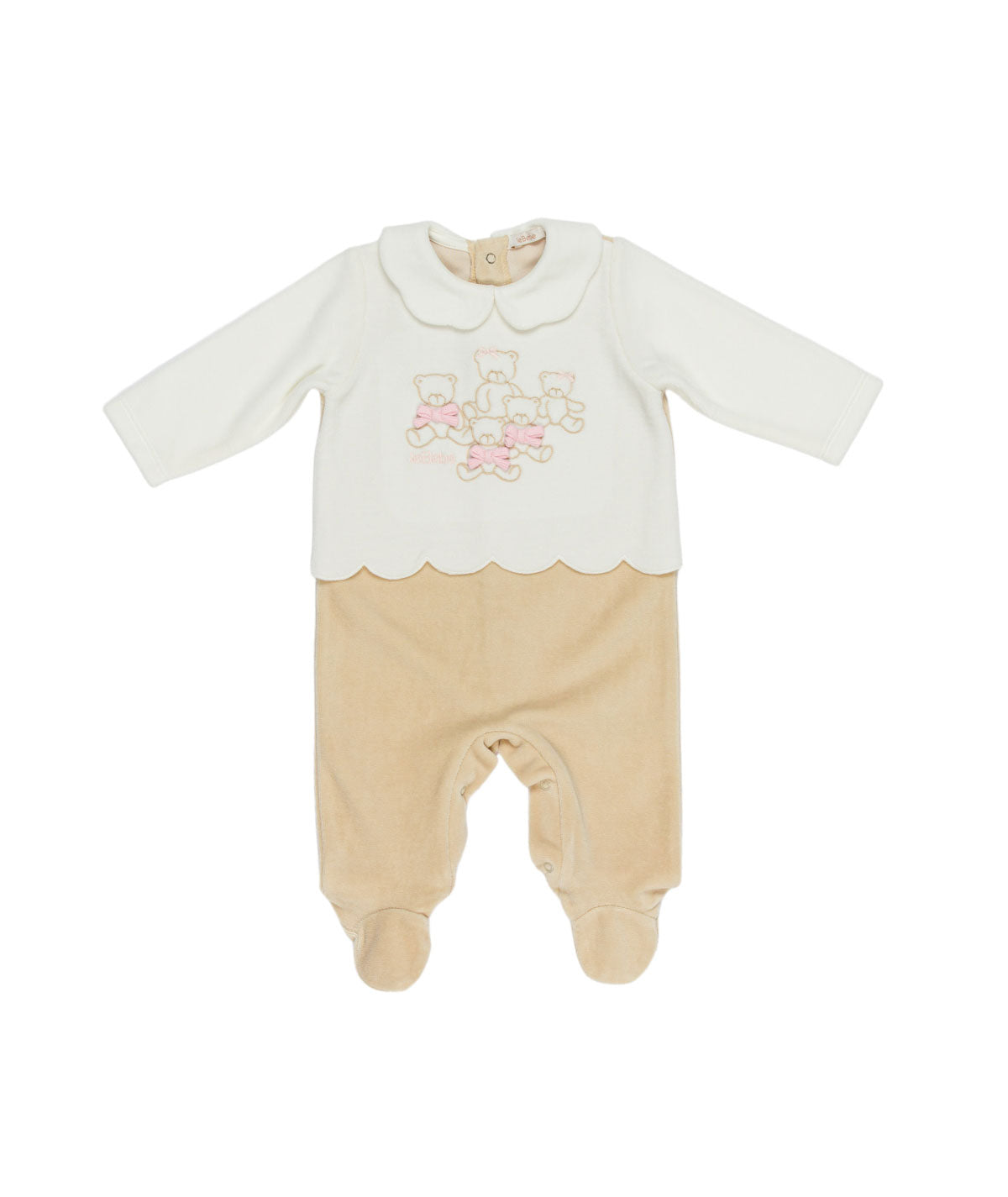 Tutina in ciniglia bianca e beige con patch orsetto e logo Le Bebé frontale