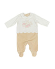 Tutina in ciniglia bianca e beige con patch orsetto e logo Le Bebé frontale
