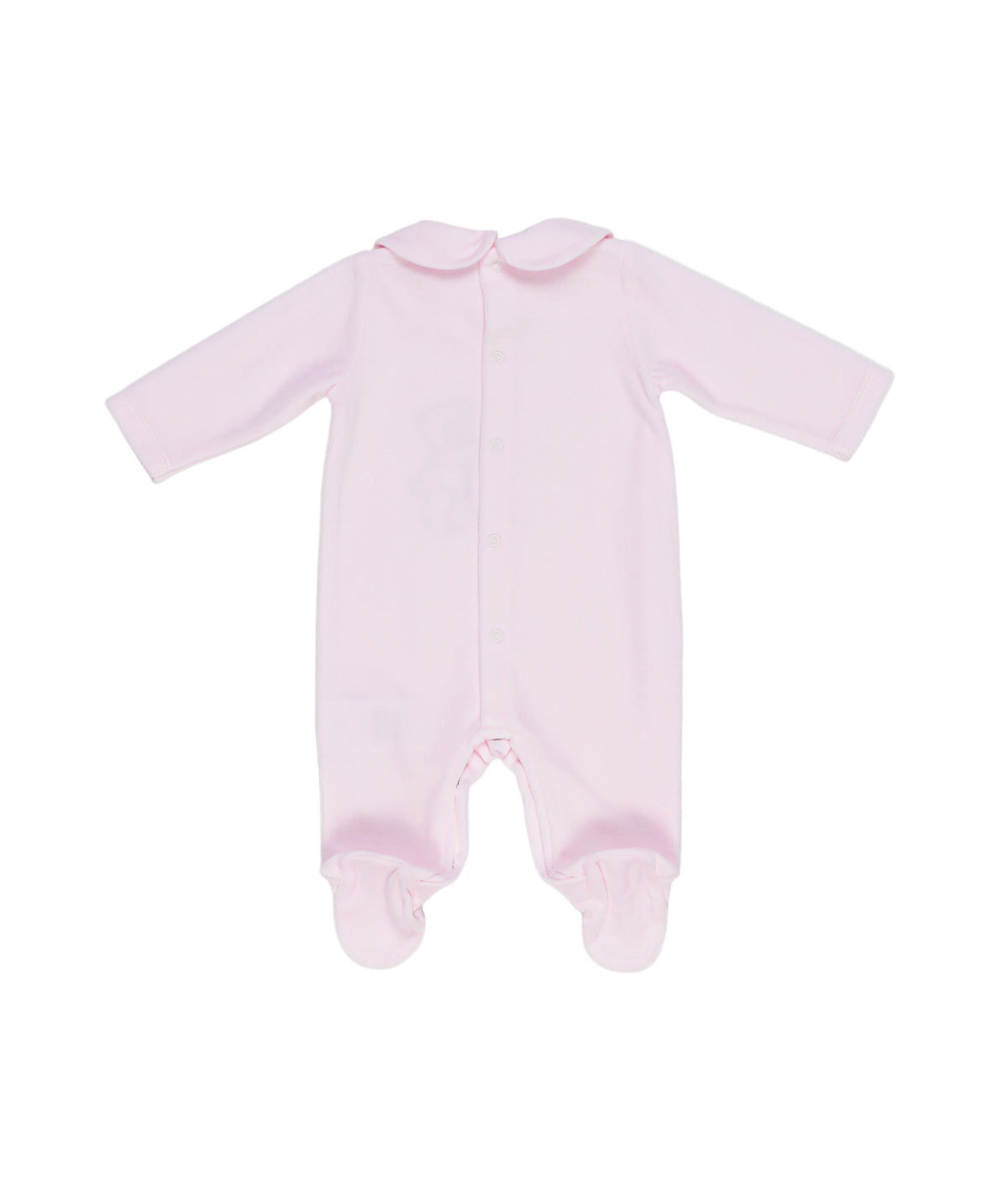 Tutina in ciniglia rosa con patch orsetto e logo Le Bebé frontale