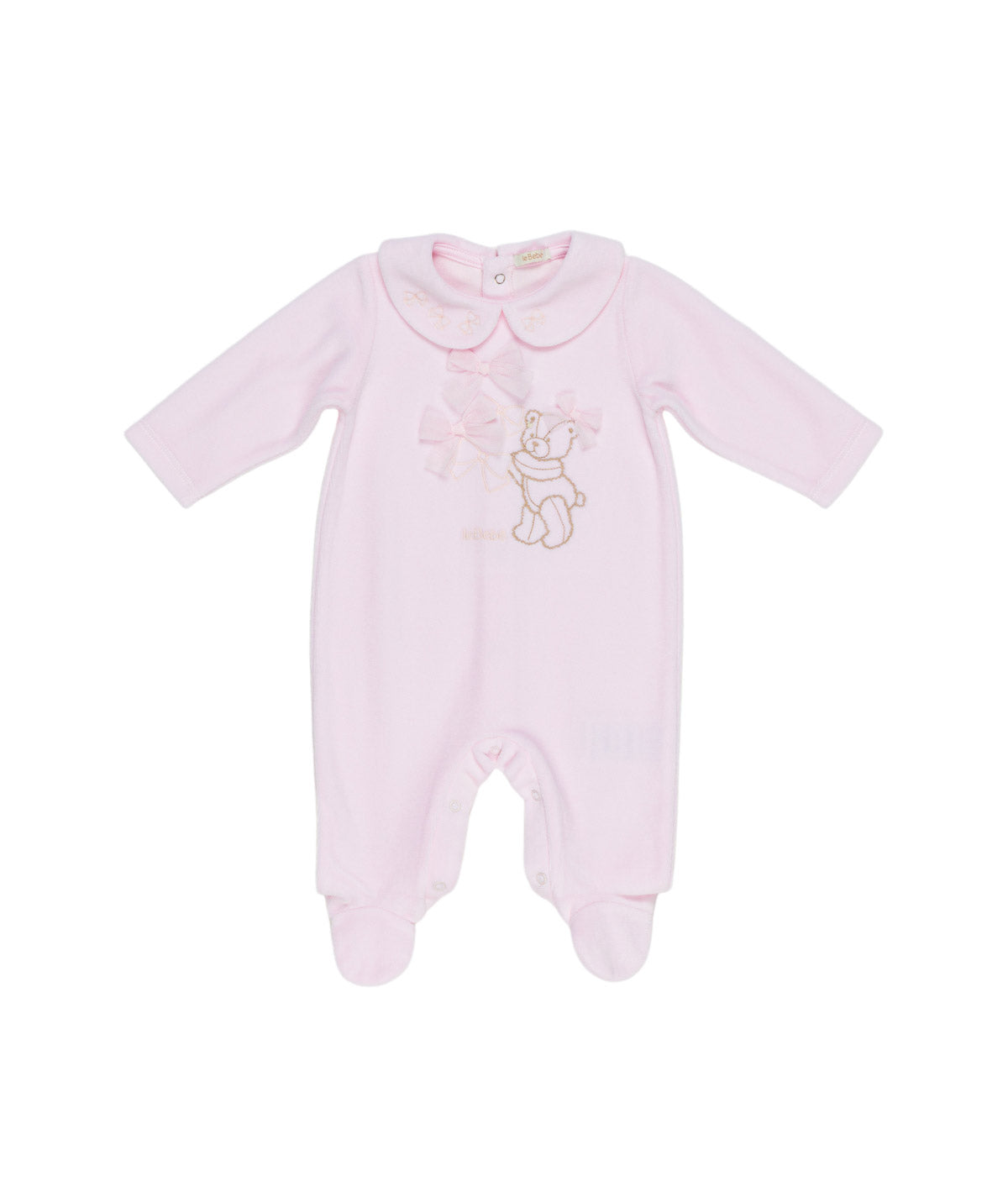 Tutina in ciniglia rosa con patch orsetto e logo Le Bebé frontale