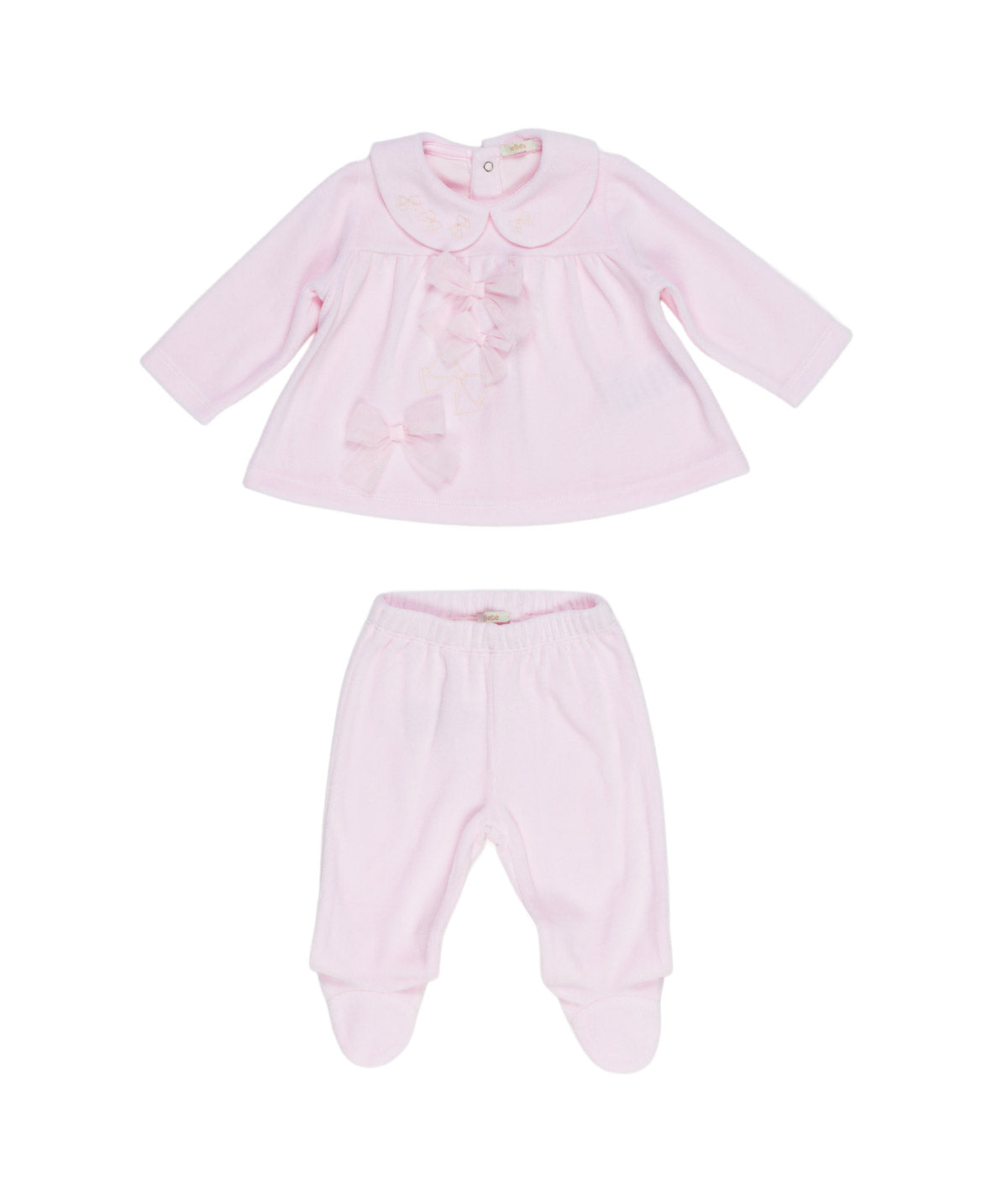 Completo 2 pezzi in ciniglia rosa  con logo Le Bebé frontale