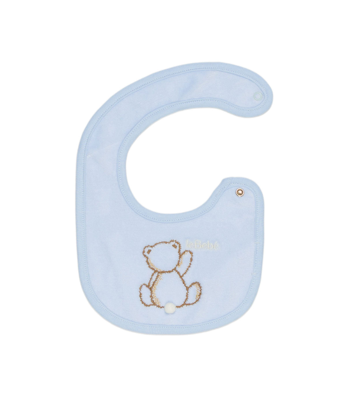 Bavaglio azzurro con orso e logo Le Bebé cucito frontale