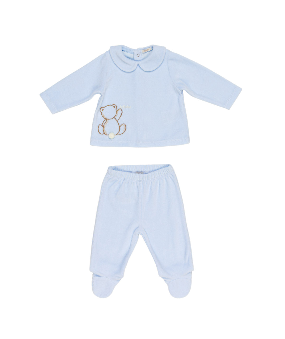 Completo 2 pezzi azzurro con logo Le Bebé e orso cuciti frontale