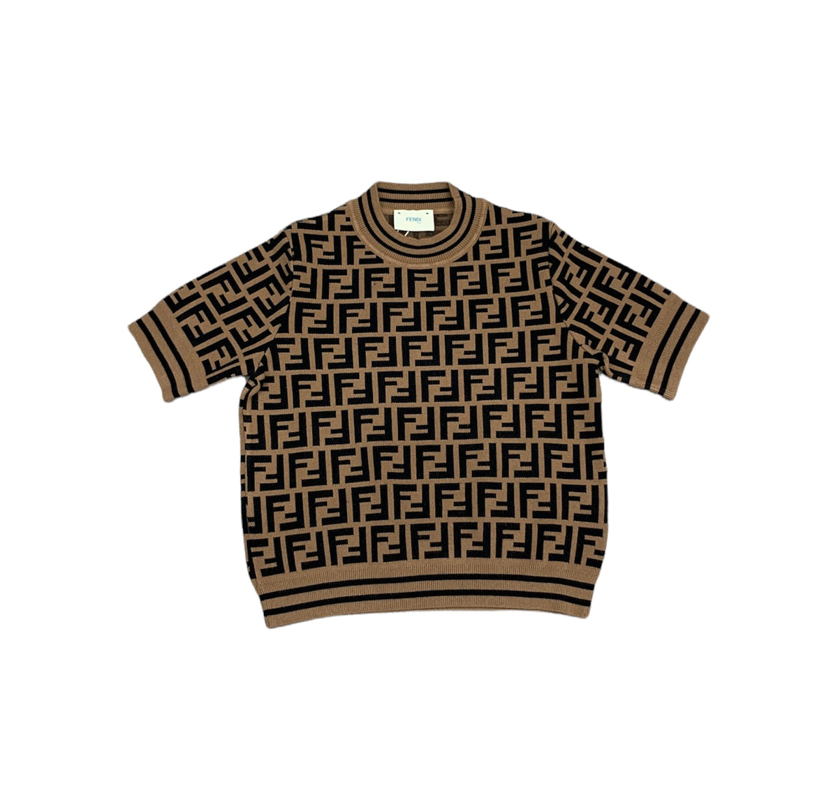 Top in maglia marrone con logo FF Fendi a contrasto