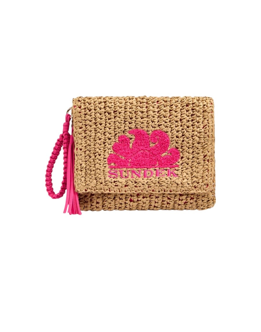 Pochette in paglia con dettagli logo Sundek cuciti fuxia