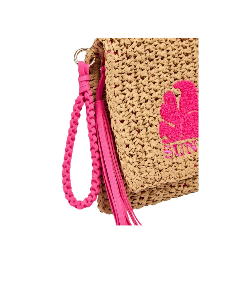 Pochette in paglia con dettagli logo Sundek cuciti fuxia