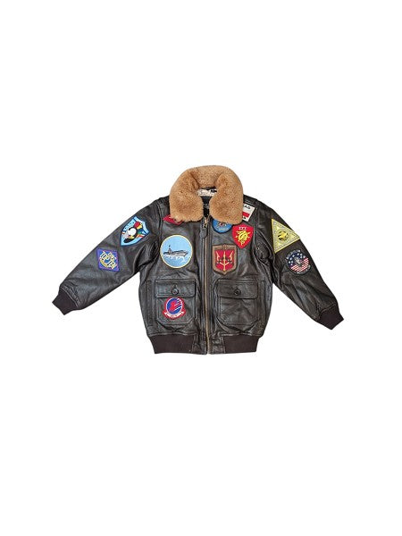 Giubbino in pelle marrone con patch Top Gun